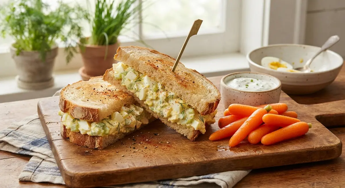 Creamy Egg Salad Sandwich Triangles with Baby Carrots